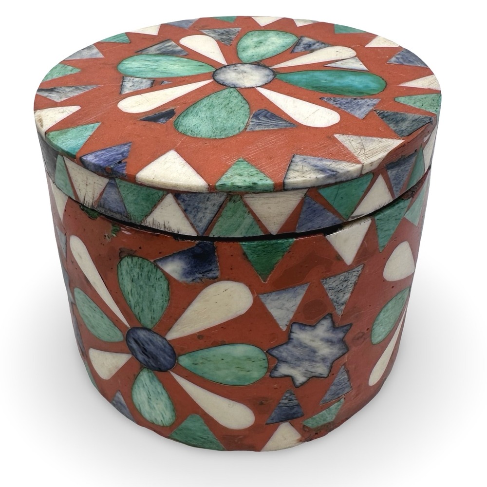 Vintage Round Marble Stone Wood Mosaic Inlay Trinket‎ Box Blue Terracotta Floral
